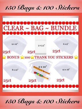 Shipping Bundle 250pcs includes Clear Bags 150ct Assorted~Plus 💯 Stickers -New~